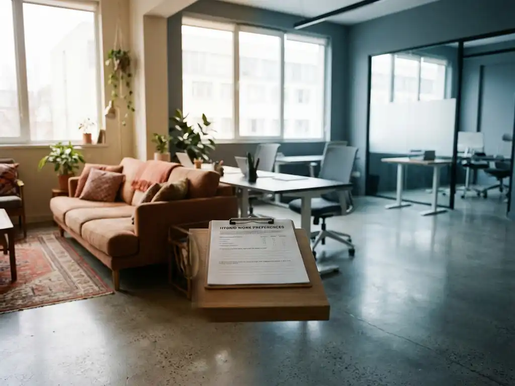 Klembord met enquête op bureau op de grens tussen een gezellig appartement en een open kantoorruimte, warm terracotta en koel leisteengrijs.