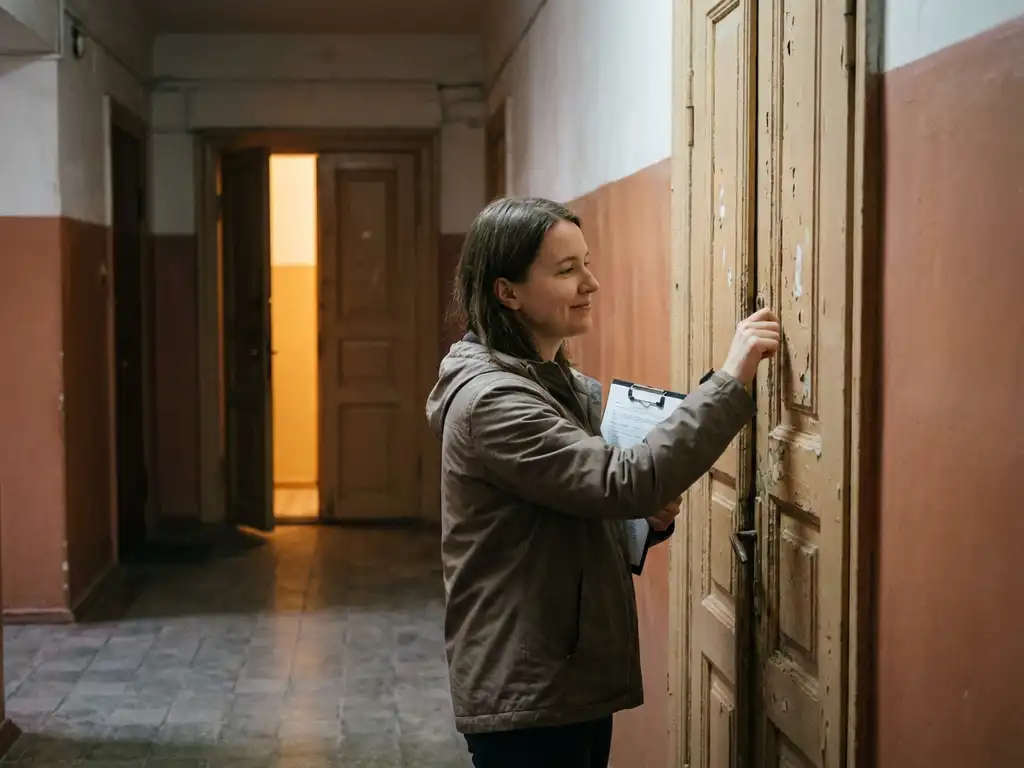 Woningonderzoeker klopt op verweerde appartementsdeur in stedelijke hal, klembord onder de arm, warm goudkleurig licht.