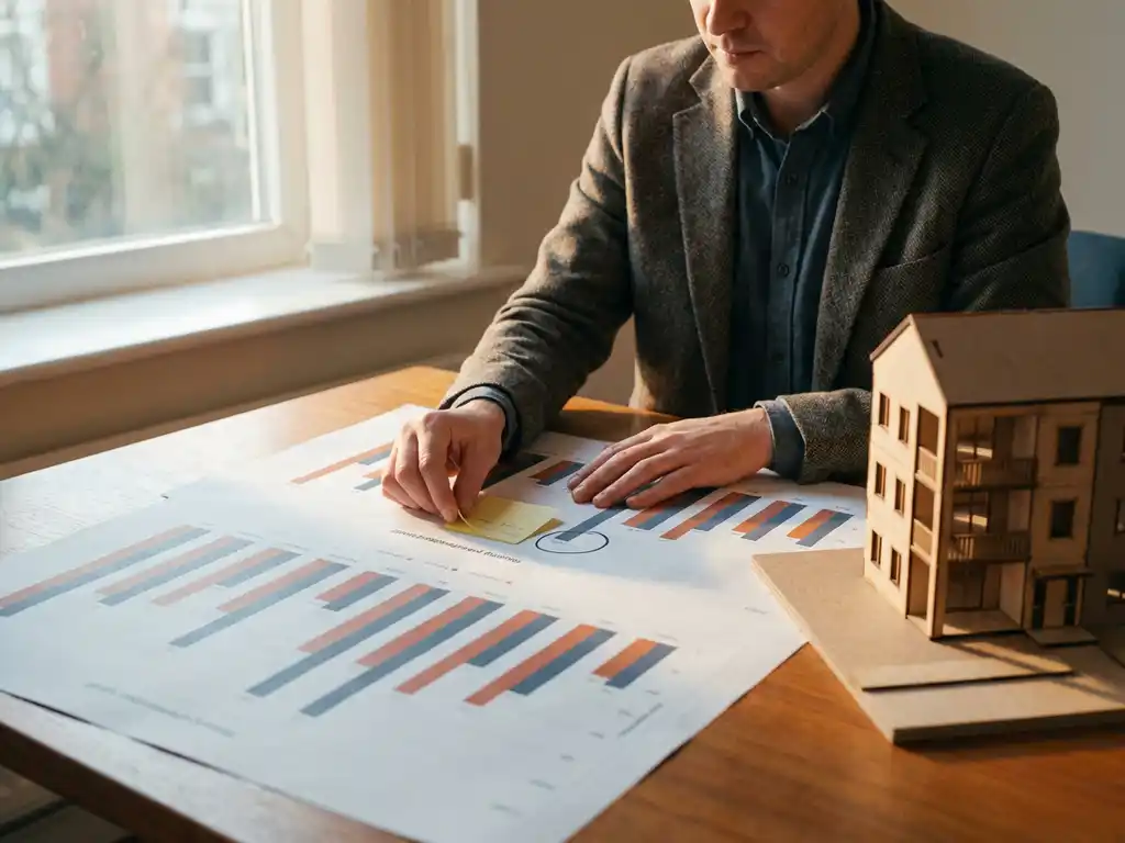 Woningprofessional analyseert enquêteresultaten aan bureau met miniatuur woongebouw, plakt notitie bij gemarkeerd inzicht.