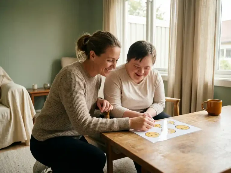 Zorgprofessional op ooghoogte naast cliënt met verstandelijke beperking, samen kijkend naar een pictogram feedbackkaart op een houten tafel.