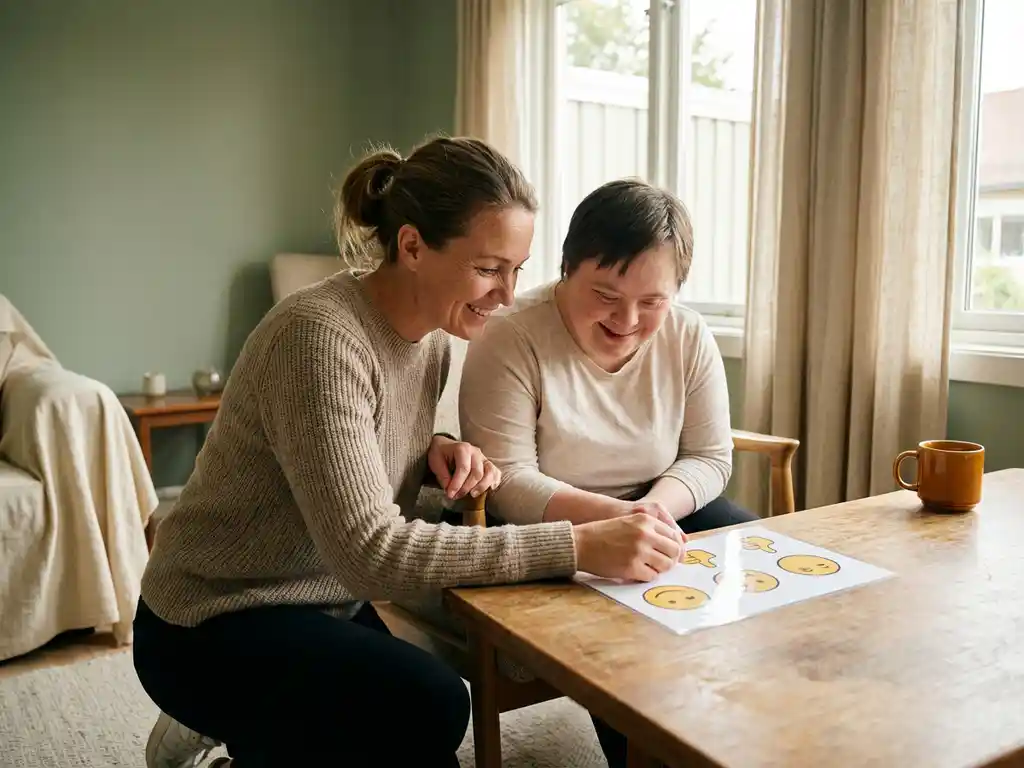 Zorgprofessional op ooghoogte naast cliënt met verstandelijke beperking, samen kijkend naar een pictogram feedbackkaart op een houten tafel.