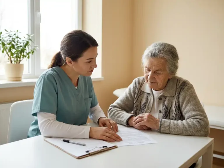 Zorgprofessional bespreekt gedrukte vragenlijst met oudere patiënt aan witte tafel in rustige klinische omgeving.