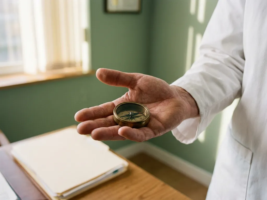 Zorgprofessional houdt kompas in open handpalm in een consultatieruimte, met patiëntendossier op het bureau op de achtergrond.