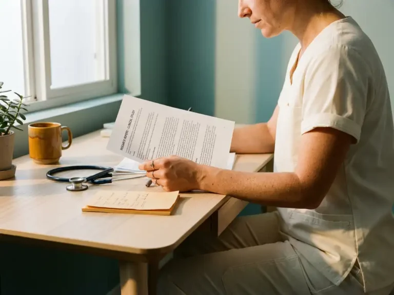 Zorgprofessional bestudeert medisch onderzoeksrapport aan klinisch bureau met stethoscoop en handgeschreven aantekeningen in warm ochtendlicht.