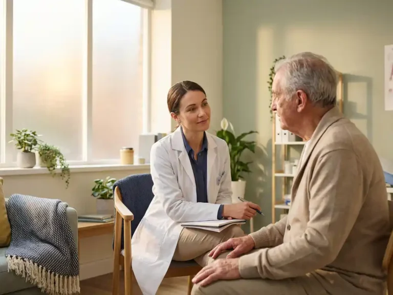 Zorgprofessional in witte jas luistert aandachtig naar oudere patiënt tijdens consult in rustige kliniek.
