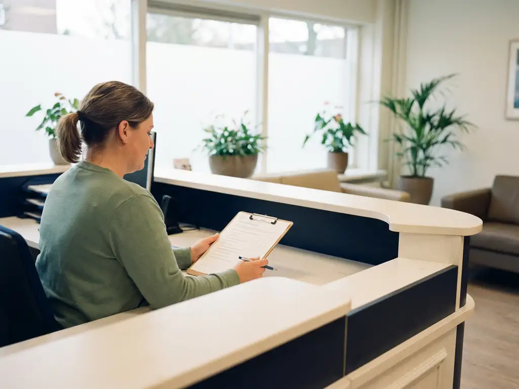 Zorgprofessional bekijkt papieren vragenlijst op klembord aan receptiebalie van Nederlandse zorginstelling.