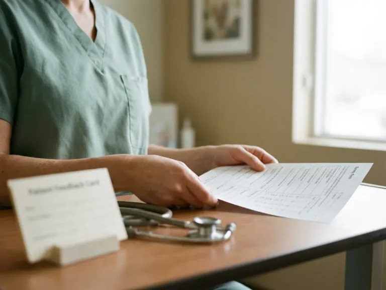 Zorgprofessional bekijkt papieren patiënttevredenheidsformulier op klinisch bureau, stethoscoop op de voorgrond, zacht zijlicht.