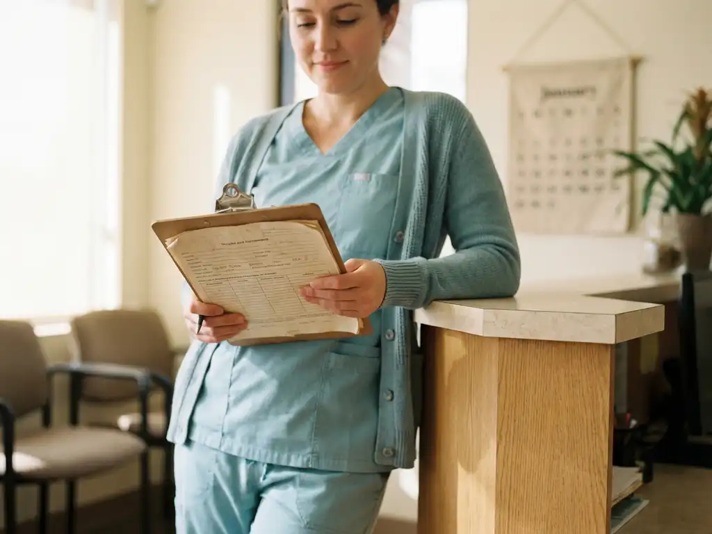 Zorgprofessional bekijkt patiëntfeedback op klembord aan rustige kliniekbalie, zachte tealkleuren en natuurlijk raamlicht.