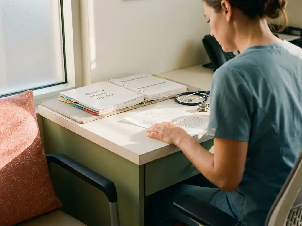 Zorgprofessional bestudeert patiëntfeedbackrapport aan klinisch bureau met stethoscoop en kwaliteitsmetrieken map in middaglicht.
