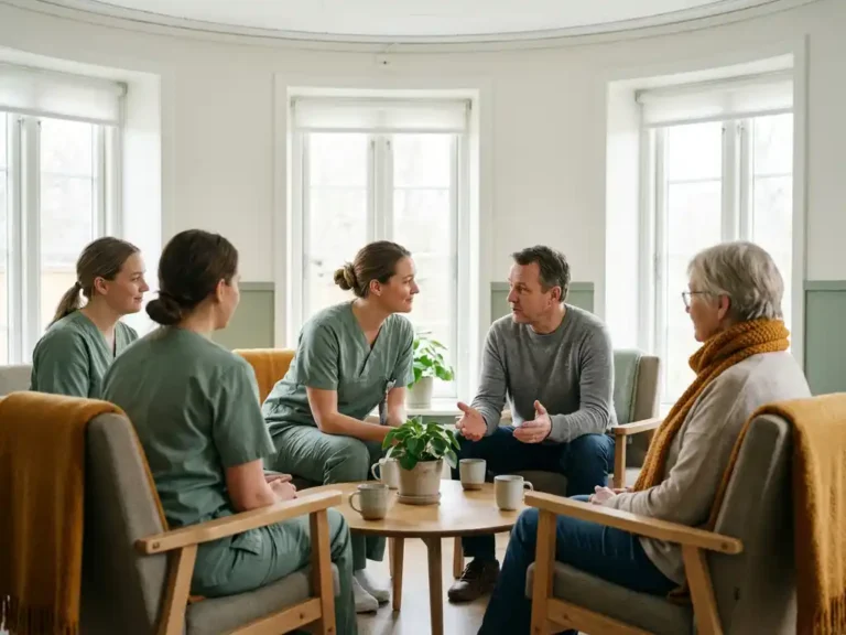 Zorgverlener luistert aandachtig naar patiënt tijdens klein groepsoverleg in lichte klinische vergaderruimte.