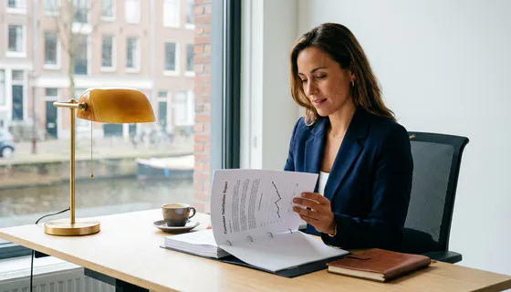 B2B accountmanager bestudeert klanttevredenheidsrapport aan modern bureau in Amsterdam, met stijgende trendlijn zichtbaar op pagina.