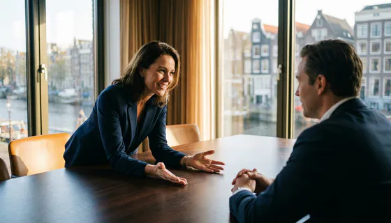B2B-professional in gesprek met klant aan vergadertafel in modern Amsterdams kantoor met uitzicht op gracht.
