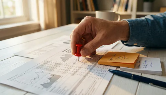 Onderzoeker verplaatst rode pin op gedrukte datakart, omringd door sticky notes en pen op wit bureau.
