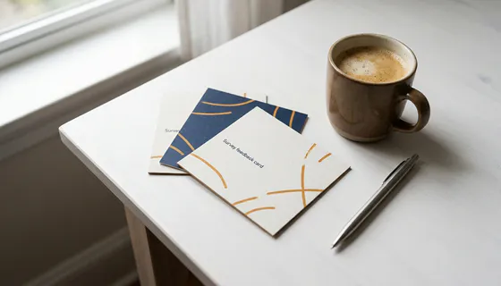 Drie ingevulde enquêtekaarten uitgewaaierd op een bureau, met pen en koffie, in zacht Amsterdams daglicht.