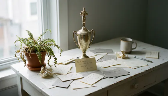 Gouden trofee op wit bureau omringd door klantfeedbackkaarten en een verwelkte plant, symbool voor holle klanttevredenheid.