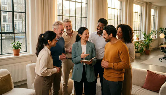 Diverse collega's in Amsterdams kantoor die samen feedbacknotities bespreken in warm natuurlijk licht.