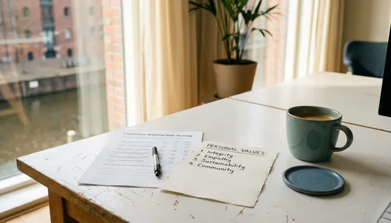 Klanttevredenheidsformulier en handgeschreven waardelijst op een wit bureau in Amsterdam, met koffie en zacht natuurlijk daglicht.