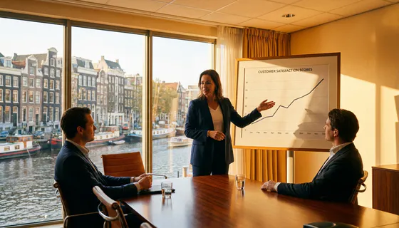 Professional presenteert stijgende klanttevredenheidsscores aan executives in Amsterdamse boardroom met grachtzicht.