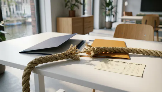Rafelig touw dat losraakt tussen twee zakelijke mappen op wit bureau, met tevredenheidsscorekaart ernaast, warm amberkleurig licht.
