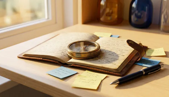 Glanzend kompas op een opengeslagen leren notitieboek met handgeschreven klantnotities, omringd door sticky notes en een pen.
