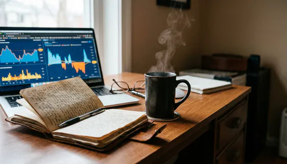 Versleten leren onderzoeksdagboek met handgeschreven notities naast laptop met datagrafieken en dampende koffie op bureau, warm amberkleurig licht.
