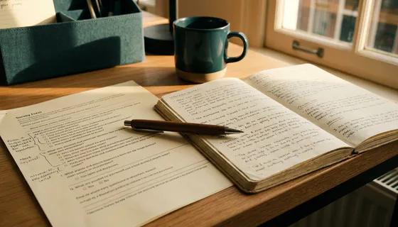 Gedrukt enquêteformulier met handgeschreven notities naast een notitieboek vol interviewcitaten, verbonden door een pen, in warm Amsterdams kantoorlicht.