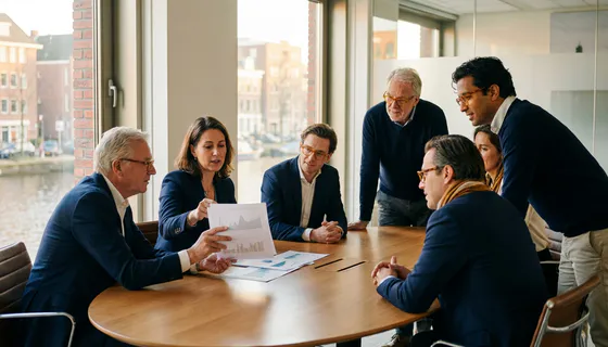 Divers team van professionals rond een ovale vergadertafel in een Amsterdams kantoor, collega's luisteren aandachtig naar een presentatie van onderzoeksresultaten.