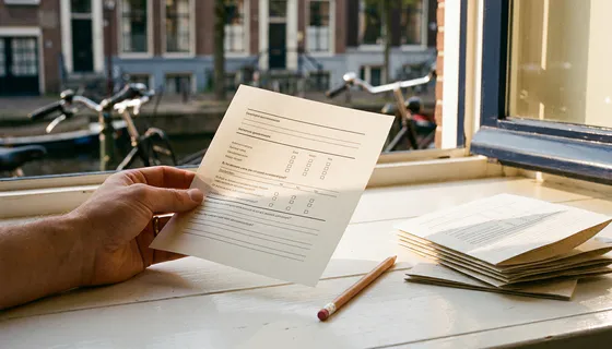 Onderzoeker houdt gedrukte vragenlijst vast aan wit bureau met potlood, wazig Amsterdams grachtenraam op achtergrond.