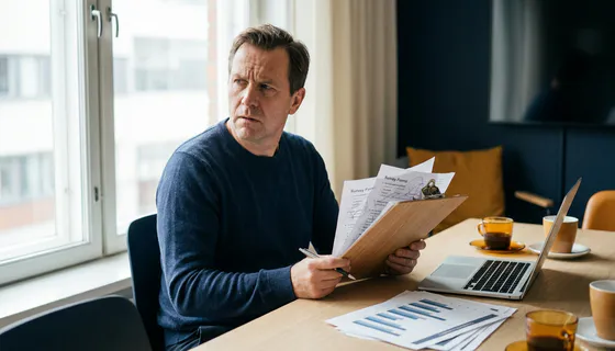Onderzoeker fronst naar klembord met verkreukelde enquêteformulieren aan Amsterdams bureau met laptop en uitgeprinte grafieken.
