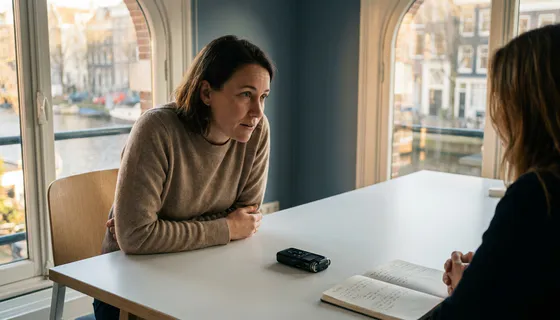 Onderzoeker luistert aandachtig tijdens interview, met voice recorder en notities op witte tafel, warm kantoorlicht via grote ramen in Amsterdam.