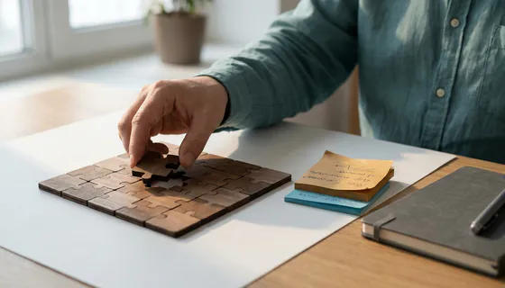 Onderzoeker plaatst laatste puzzelstuk in een gestructureerd raster op wit bureau, omringd door handgeschreven sticky notes en notitieboek.