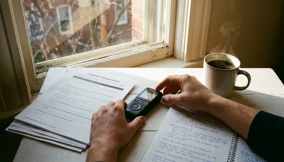 Onderzoeker ordent enquêteformulier, voice recorder en interviewaantekeningen op wit bureau in warm Amsterdams ochtendlicht.