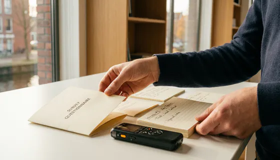 Onderzoeker rangschikt onderzoeksmaterialen op wit bureau: gedrukte enquête, stemrecorder en handgeschreven interviewnotities.