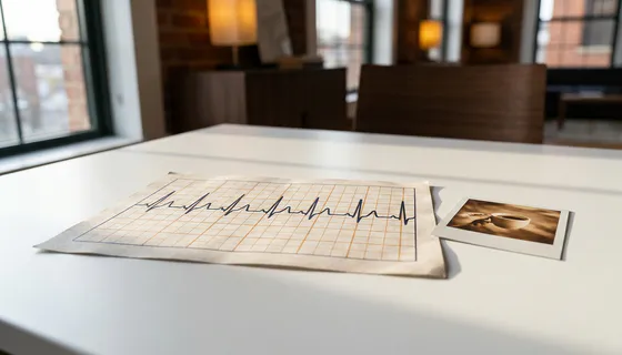 Polsmonitoringgrafiek op papier naast een foto op een wit bureau in een Amsterdams kantoor, zacht natuurlijk licht.