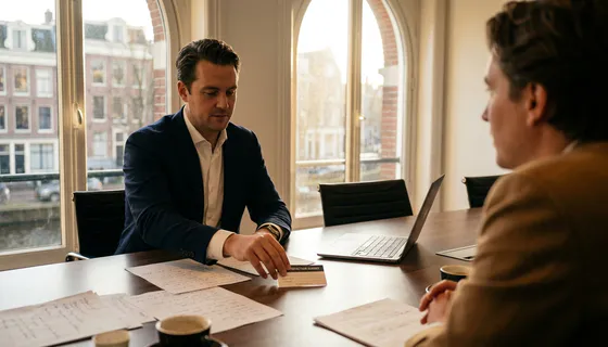 Zakelijke professional legt tevredenheidskaart op vergadertafel in Amsterdams kantoor met groot raam en gouden middaglicht.