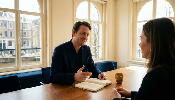 Bedrijfsconsultant in gesprek met klant aan vergadertafel in Amsterdam, open notitieboek en koffie, warm natuurlijk daglicht.