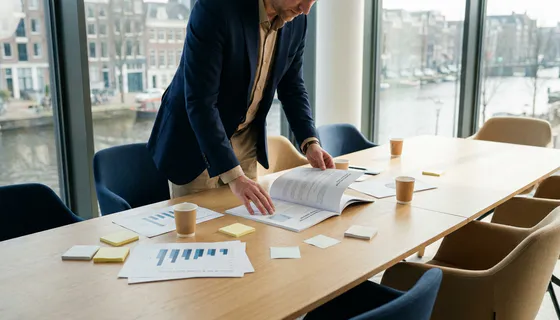 Zakelijke professional bestudeert uitgebreid enquêterapport op vergadertafel met datacharts en sticky notes, Amsterdams kantoor.