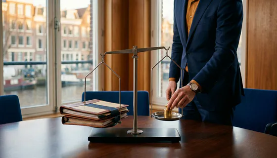 Zakenman plaatst gouden gewicht op weegschaal tegenover klantenmap in modern Amsterdams kantoor.