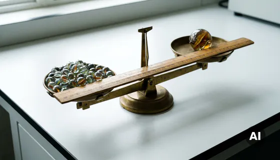 Houten liniaal op een kantelde balansschaal: veel kleine knikkers tegenover één grote gebarsten knikker, zacht studiolicht.