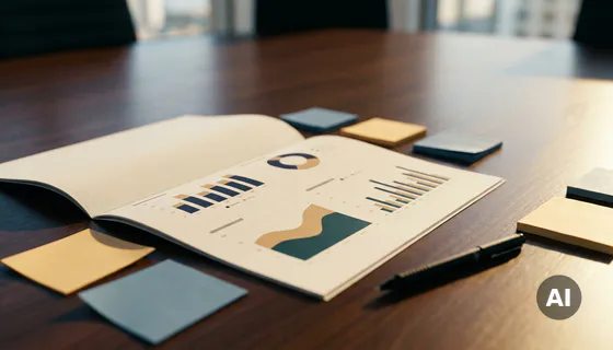 Gedrukt dashboardrapport op vergadertafel met sticky notes en pen, zachte middagzon over data-visualisaties in marineblauw en zandtinten.