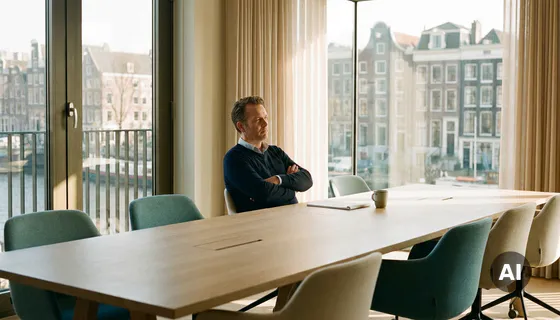Persoon alleen aan lange vergadertafel in licht Amsterdams kantoor, omringd door lege stoelen, armen gevouwen, natuurlijk raam licht.