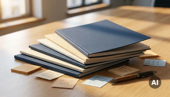 Vijf gelaagde rapportdocumenten op een witte vergadertafel, omringd door sticky notes en een pen, in warm natuurlijk licht.