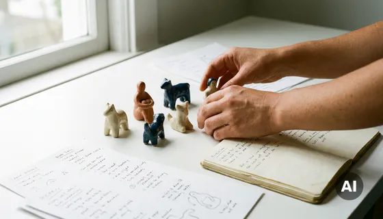 Onderzoeker rangschikt zes keramieken figuurtjes op wit bureau tussen handgeschreven interviewnotities, warm terracotta en marineblauw kleurenpalet.