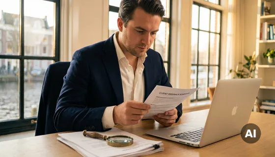Onderzoeker in modern Amsterdams kantoor bestudeert klantfeedbackrapport met vergrootglas naast laptop, warm natuurlijk licht.