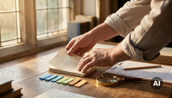 Onderzoekershanden schikken handgeschreven interviewnotities en gekleurde sticky notes op een wit bureau, met een vergrootglas naast een kwalitatief dataoverzicht.