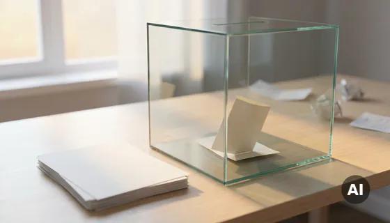 Glazen stembus met één gevouwen enquêteformulier, omringd door lege formulieren op een witte onderzoekstafel.
