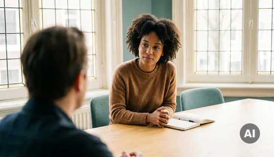 Marktonderzoeker luistert aandachtig naar een klant aan een minimalistische tafel, zacht Amsterdams daglicht, ongebruikt notitieboekje op de voorgrond.