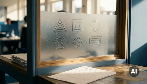 Bevroren glazen paneel met zes geometrische segmenten dat een enquêteformulier verbergt in een Amsterdams kantoor met warm licht.