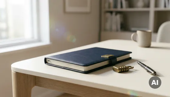 Gesloten leren notitieboek op modern bureau naast een cijferslot en pen, in warme ivoor- en marineblauw tinten.