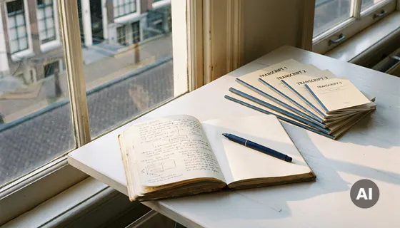 Opengeslagen onderzoeksnotitieblok op wit bureau met gestapelde interviewtranscripten en pen, warm ochtendlicht Amsterdam.